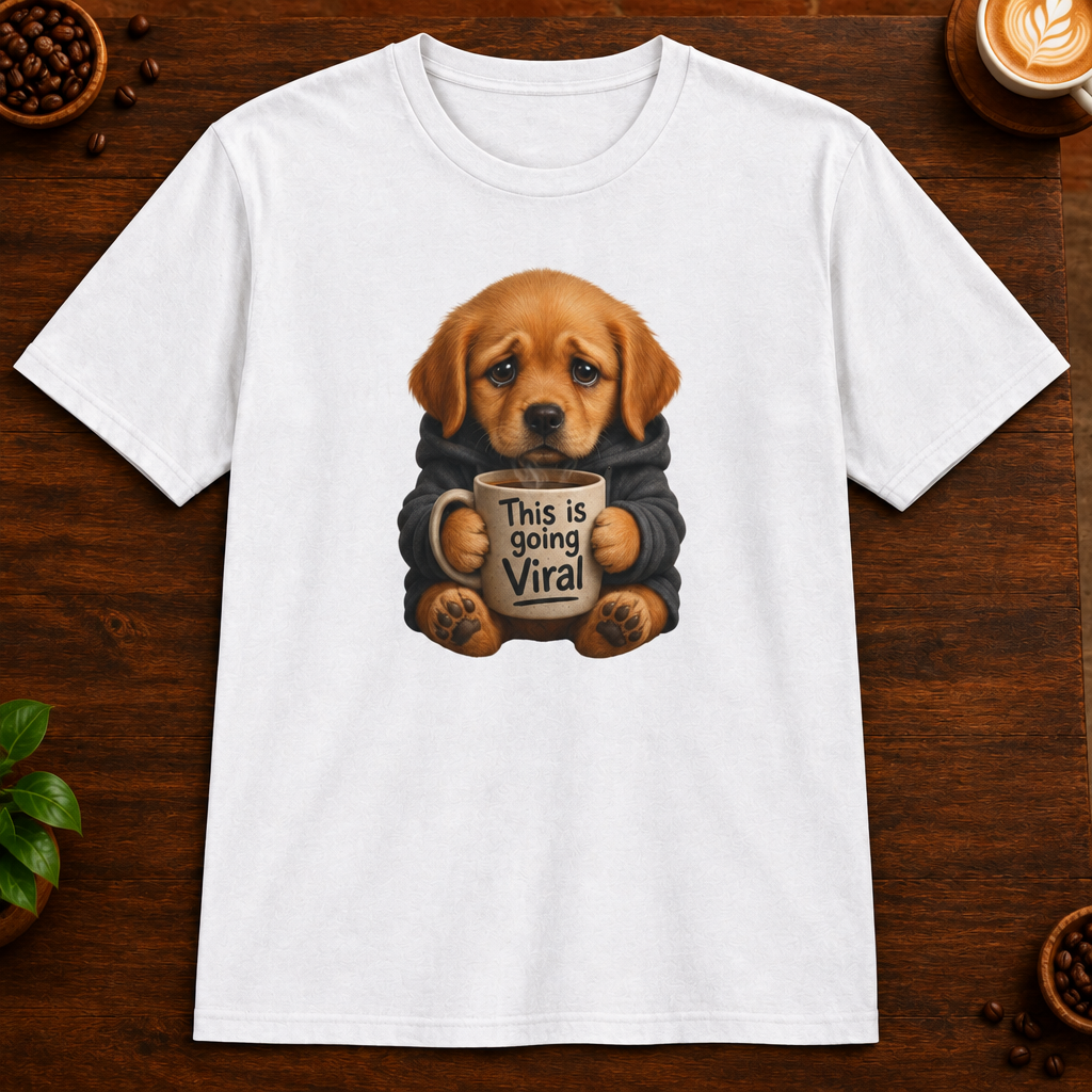 This Is Going Viral T-Shirt in White on a dark wood coffee bar