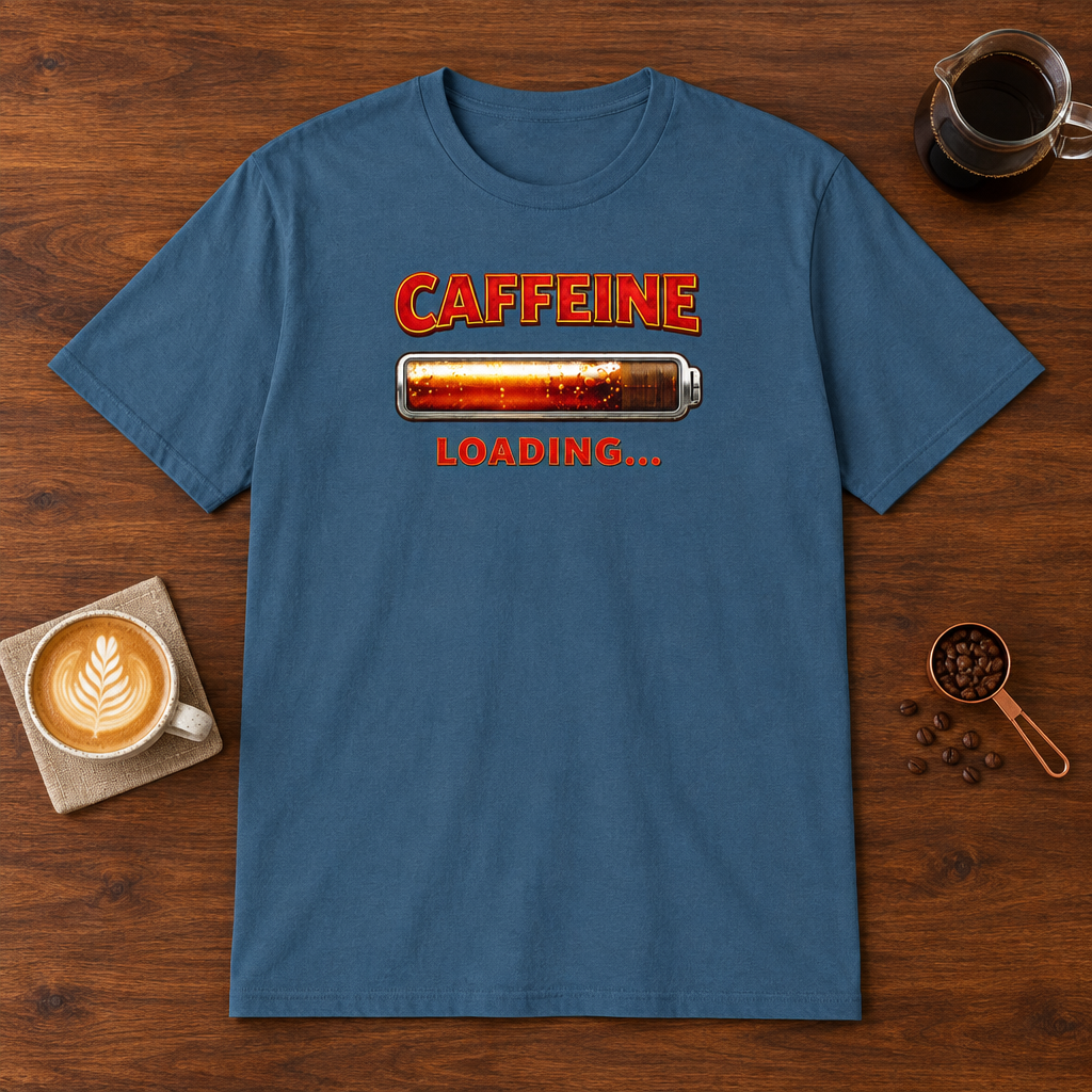 Caffeine Loading T-Shirt Indigo Blue coffee bar mockup
