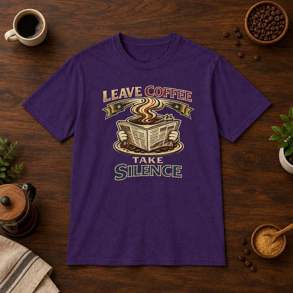 Leave Coffee Take Silence T-Shirt Purple coffee-bar flat lay