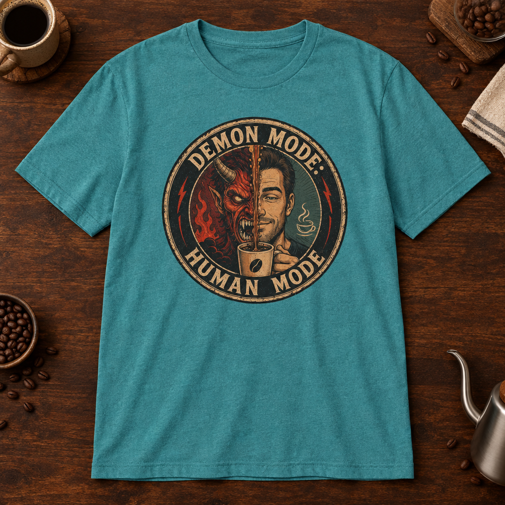 Demon Mode T-Shirt Heather Galapagos Blue coffee-bar flat lay
