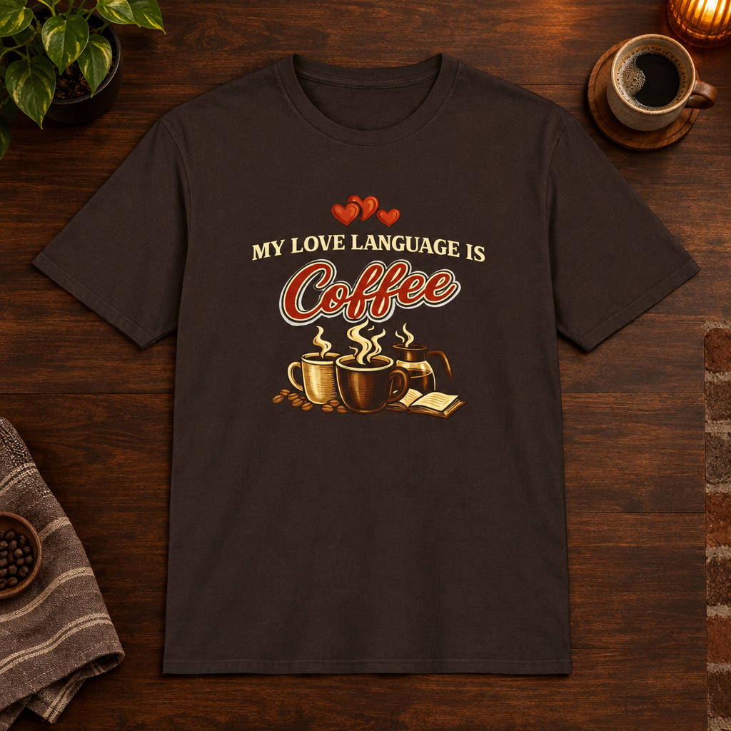 Love Language T-Shirt Dark Chocolate close-fill short-sleeve coffee-bar flat lay