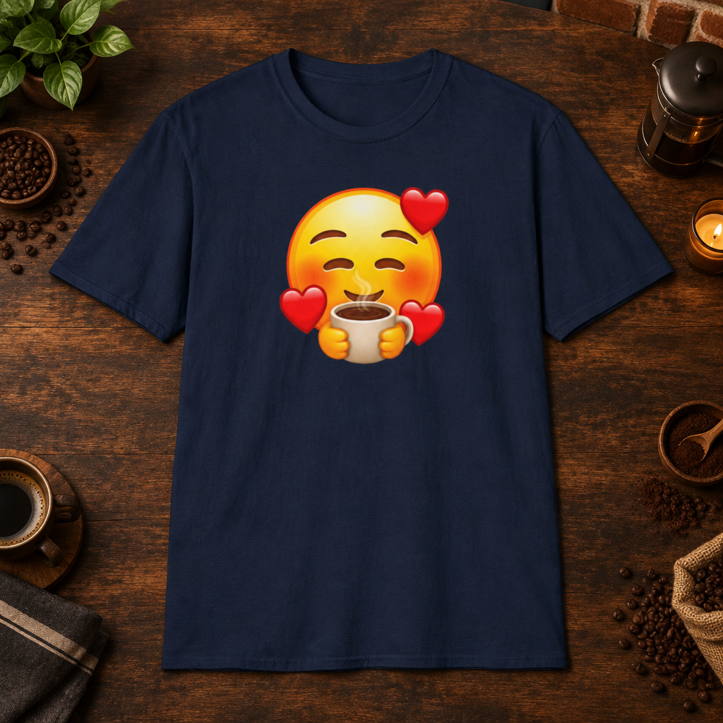 Coffee Lover T-Shirt in Navy, overhead coffee-bar flat-lay mockup