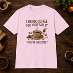 I Drink Coffee for Your Safety T-Shirt in Light Pink, overhead coffee-bar flat-lay mockup