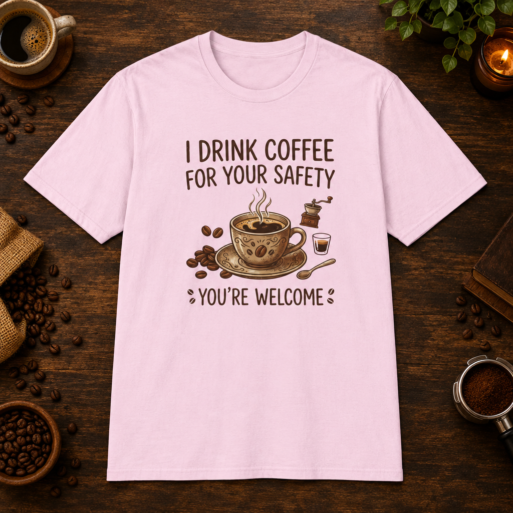 I Drink Coffee for Your Safety T-Shirt in Light Pink, overhead coffee-bar flat-lay mockup