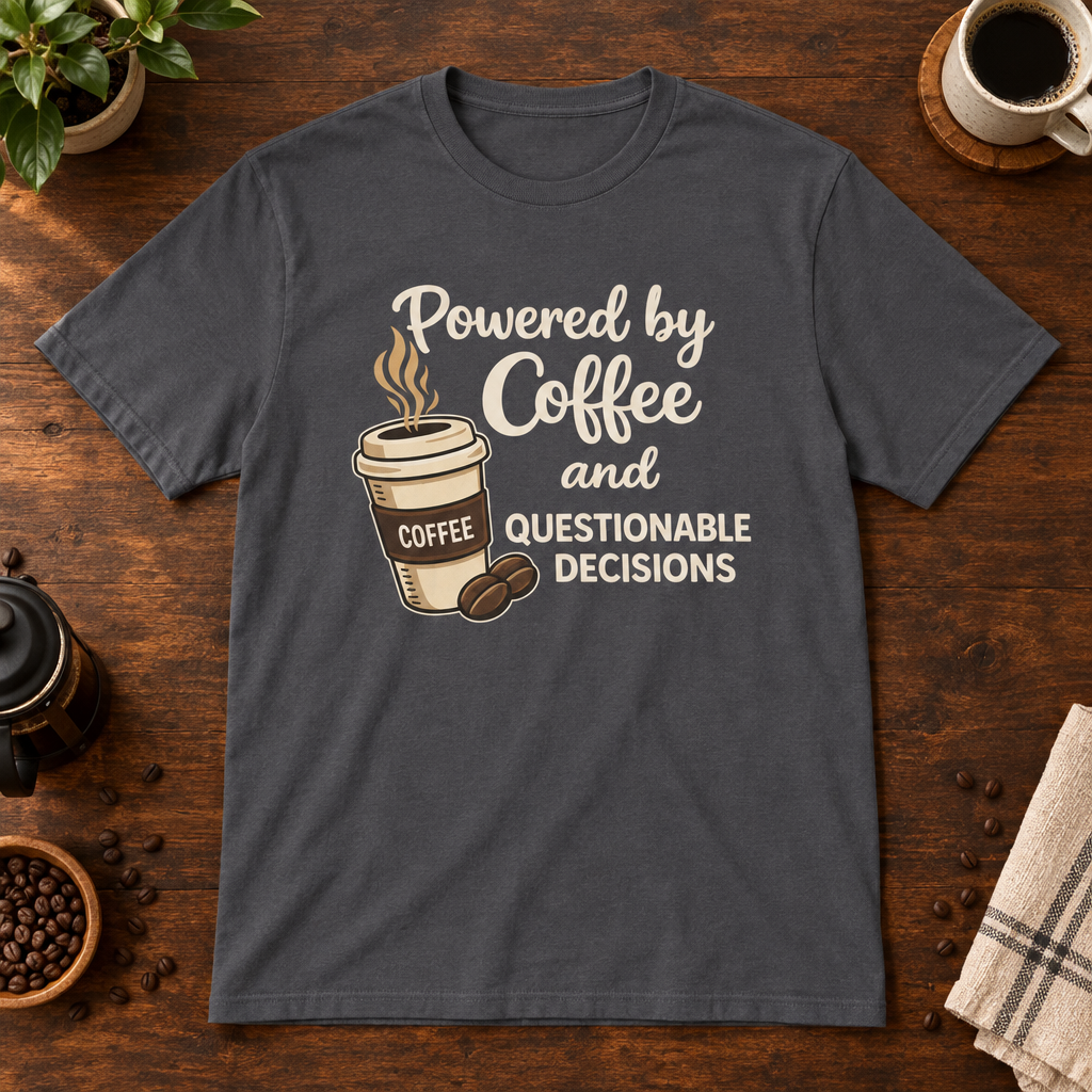 Powered by Coffee T-Shirt Charcoal coffee-bar flat lay