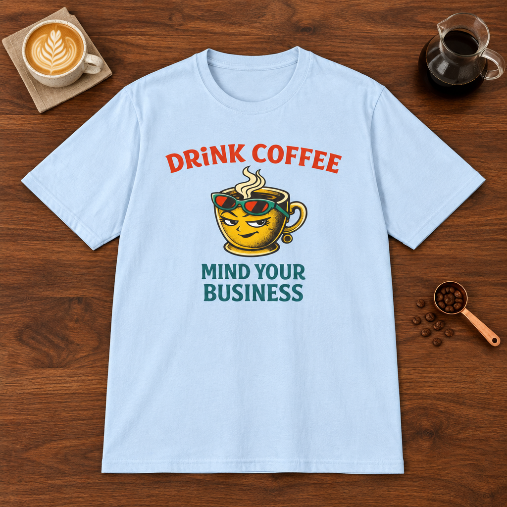 Drink Coffee Mind Your Business T-Shirt Light Blue coffee bar mockup