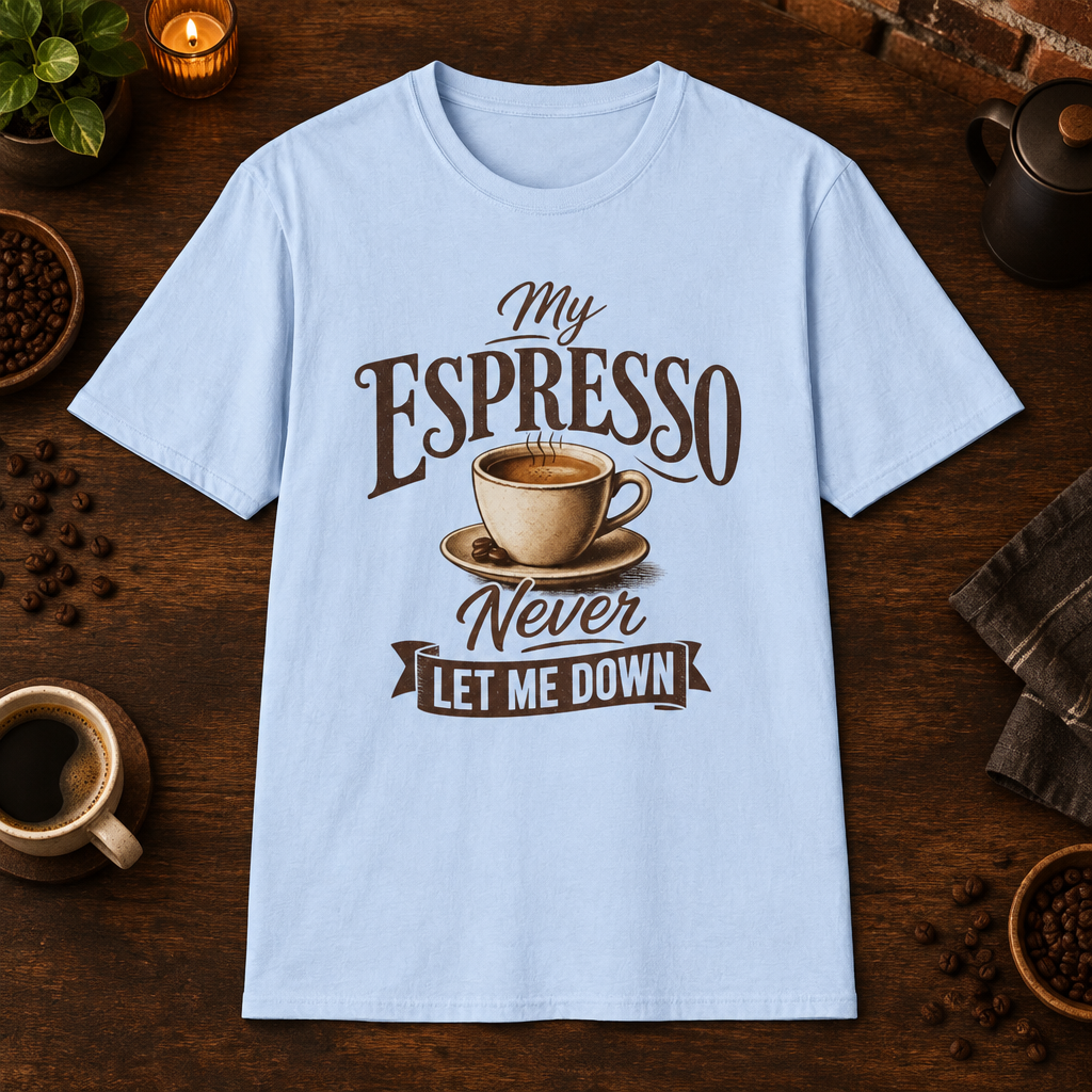 My Espresso Never Let Me Down T-Shirt in Light Blue, overhead coffee-bar flat-lay mockup