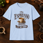 My Espresso Never Let Me Down T-Shirt in Light Blue, overhead coffee-bar flat-lay mockup