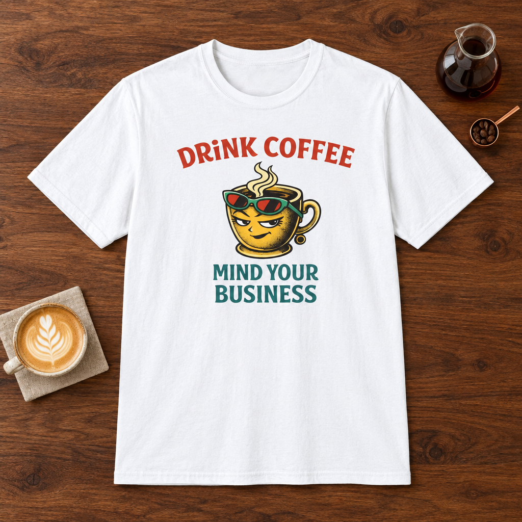 Drink Coffee Mind Your Business T-Shirt White coffee bar mockup