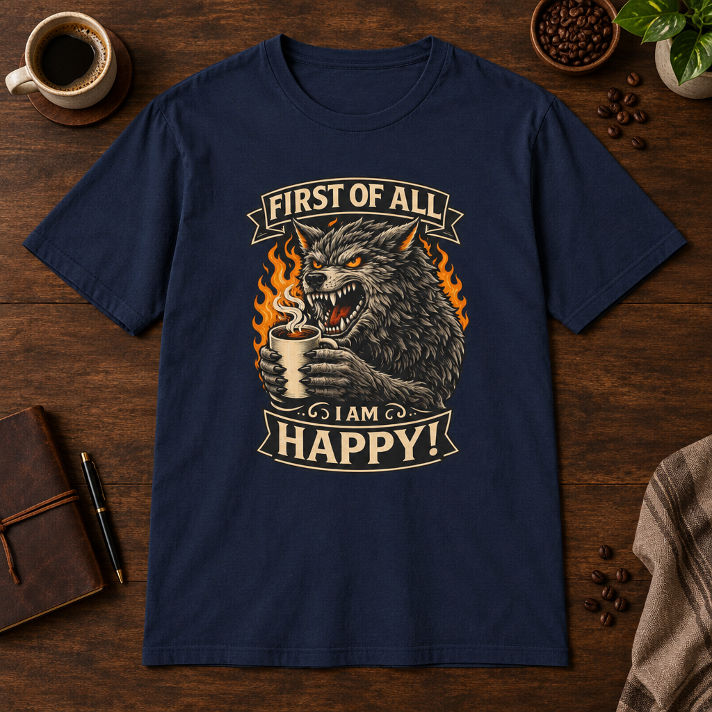 First Of All T-Shirt Navy coffee-bar flat lay