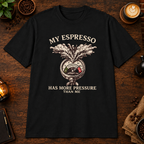 My Espresso T-Shirt in Black, overhead coffee-bar flat-lay mockup
