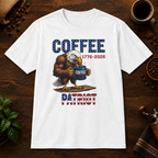 Coffee Patriot T-Shirt in White, overhead coffee-bar flat-lay mockup