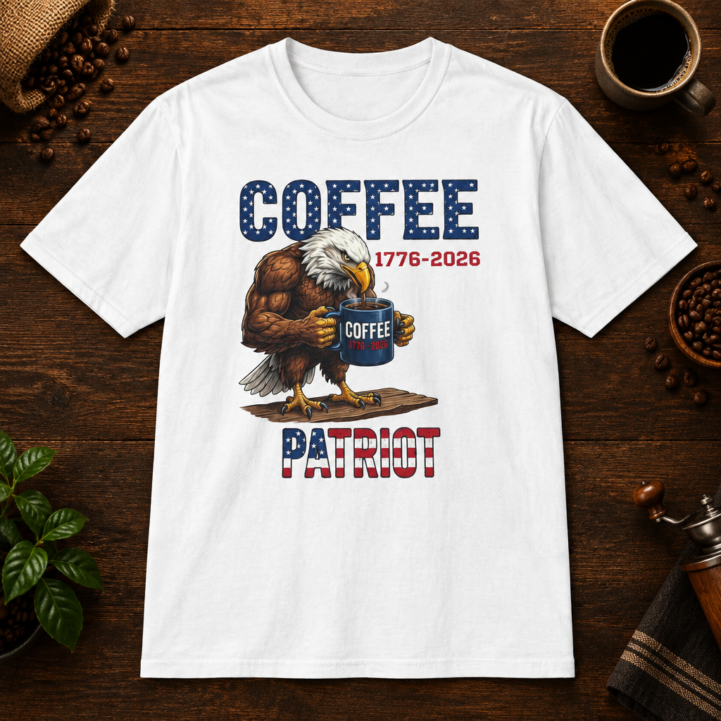 Coffee Patriot T-Shirt in White, overhead coffee-bar flat-lay mockup
