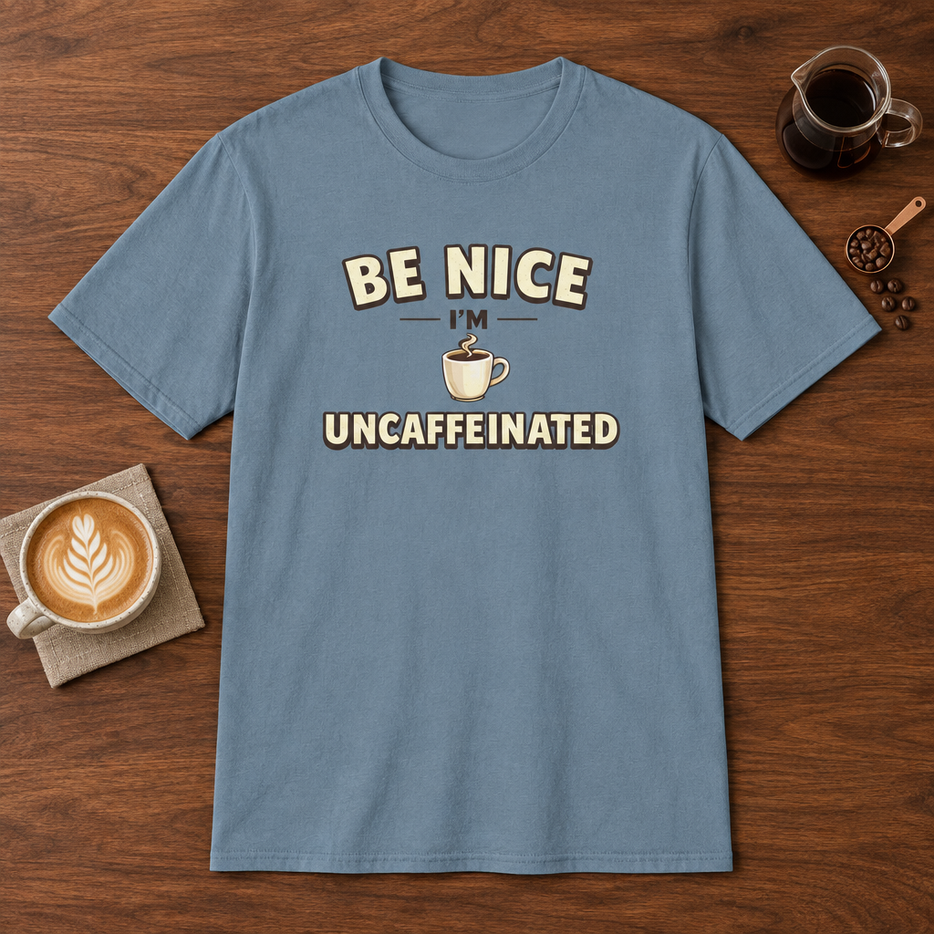 Be Nice I'm Uncaffeinated T-Shirt Stone Blue coffee bar mockup