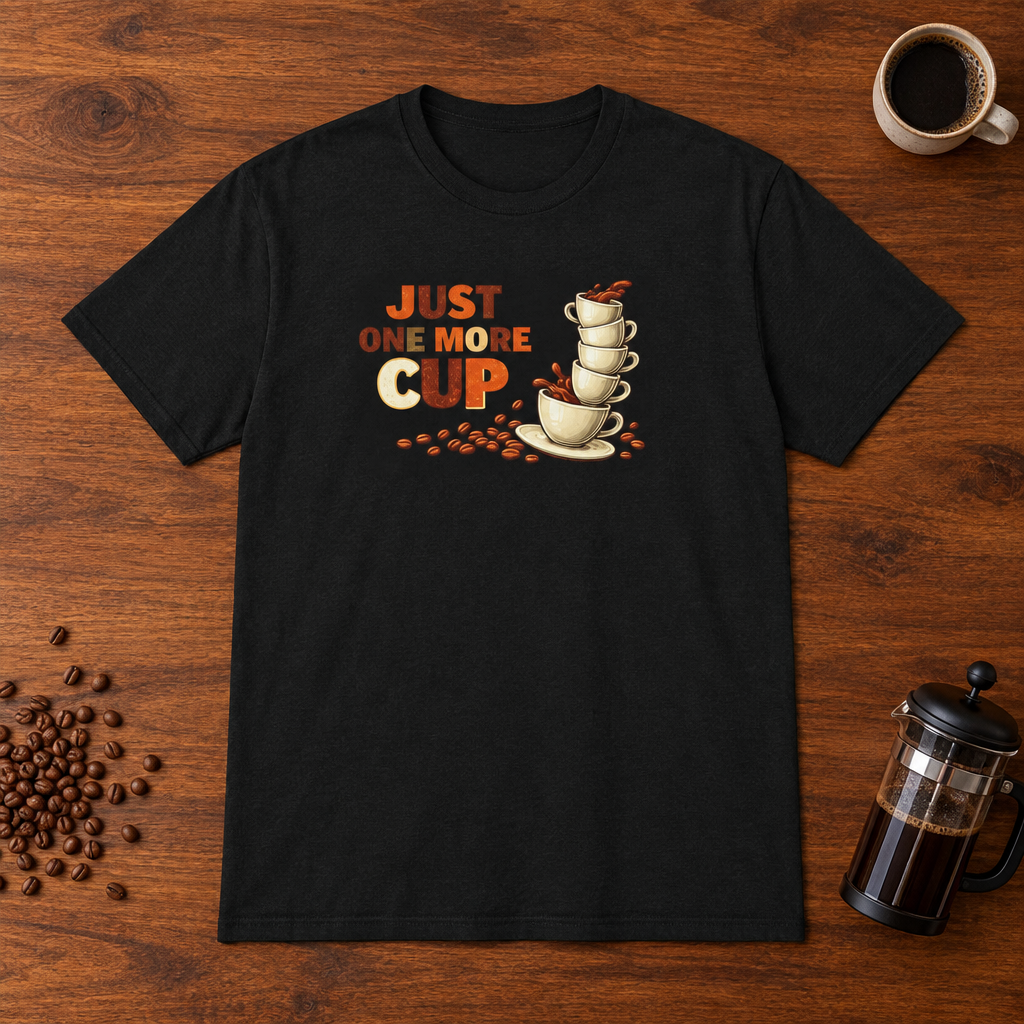 Just One More Cup T-Shirt Black coffee-bar flat lay