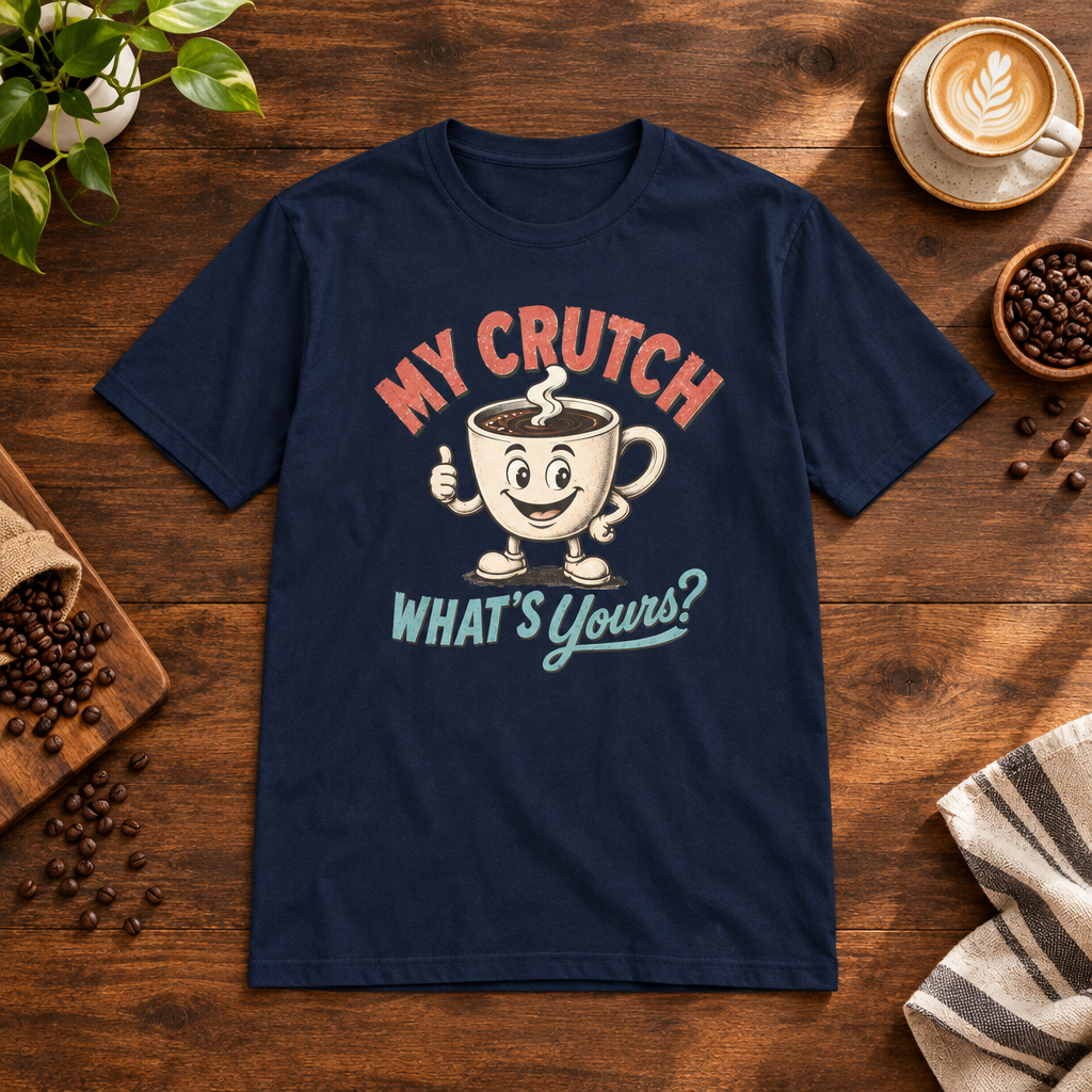 My Crutch T-Shirt Navy on warm coffee bar