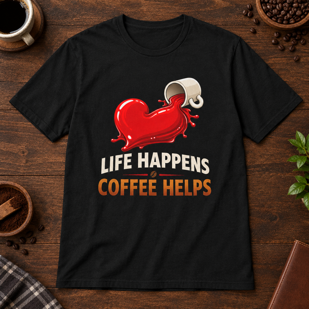 Life Happens T-Shirt Black coffee-bar flat lay