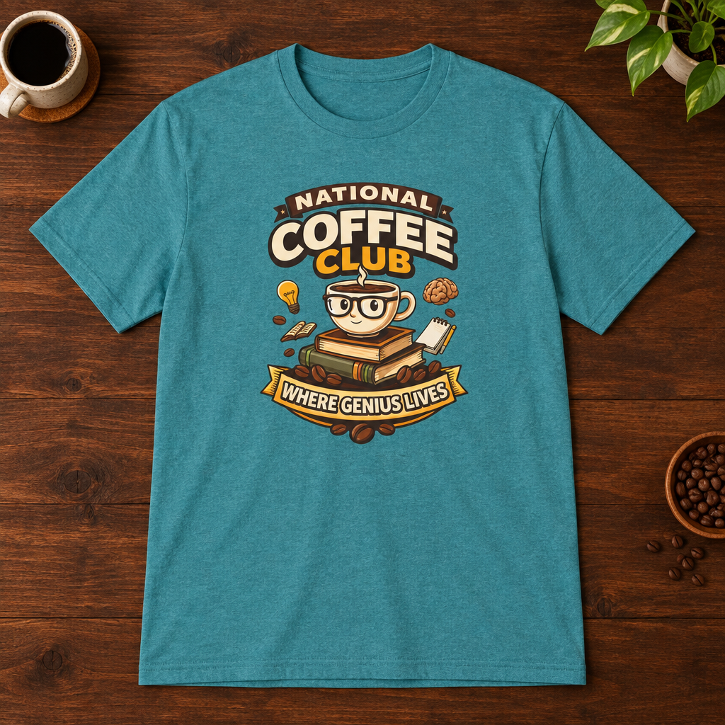 National Coffee Club T-Shirt Heather Galapagos Blue close-fill short-sleeve coffee-bar flat lay