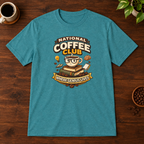 National Coffee Club T-Shirt Heather Galapagos Blue close-fill short-sleeve coffee-bar flat lay