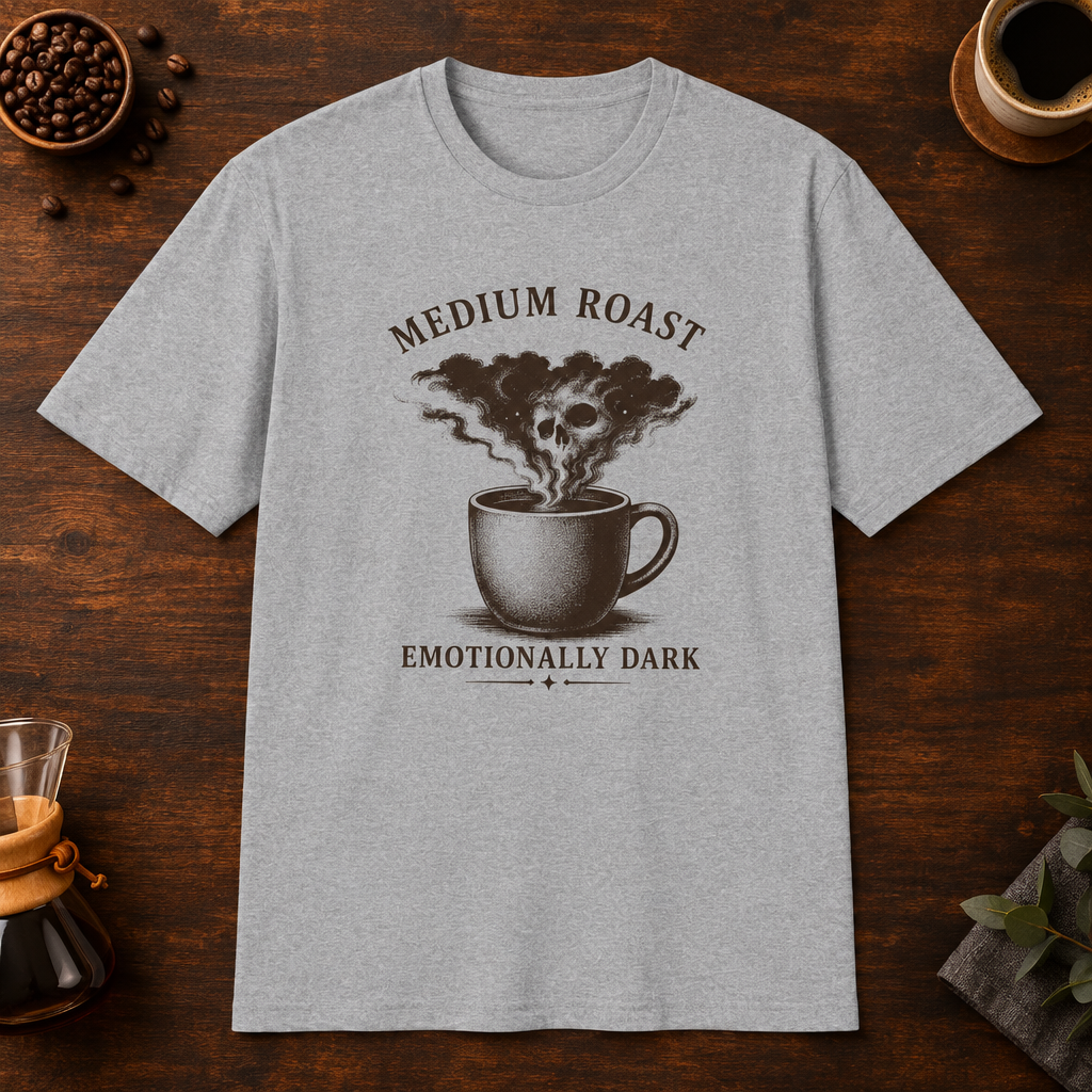 Medium Roast T-Shirt overhead coffee-bar flat-lay mockup