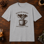 Medium Roast T-Shirt overhead coffee-bar flat-lay mockup