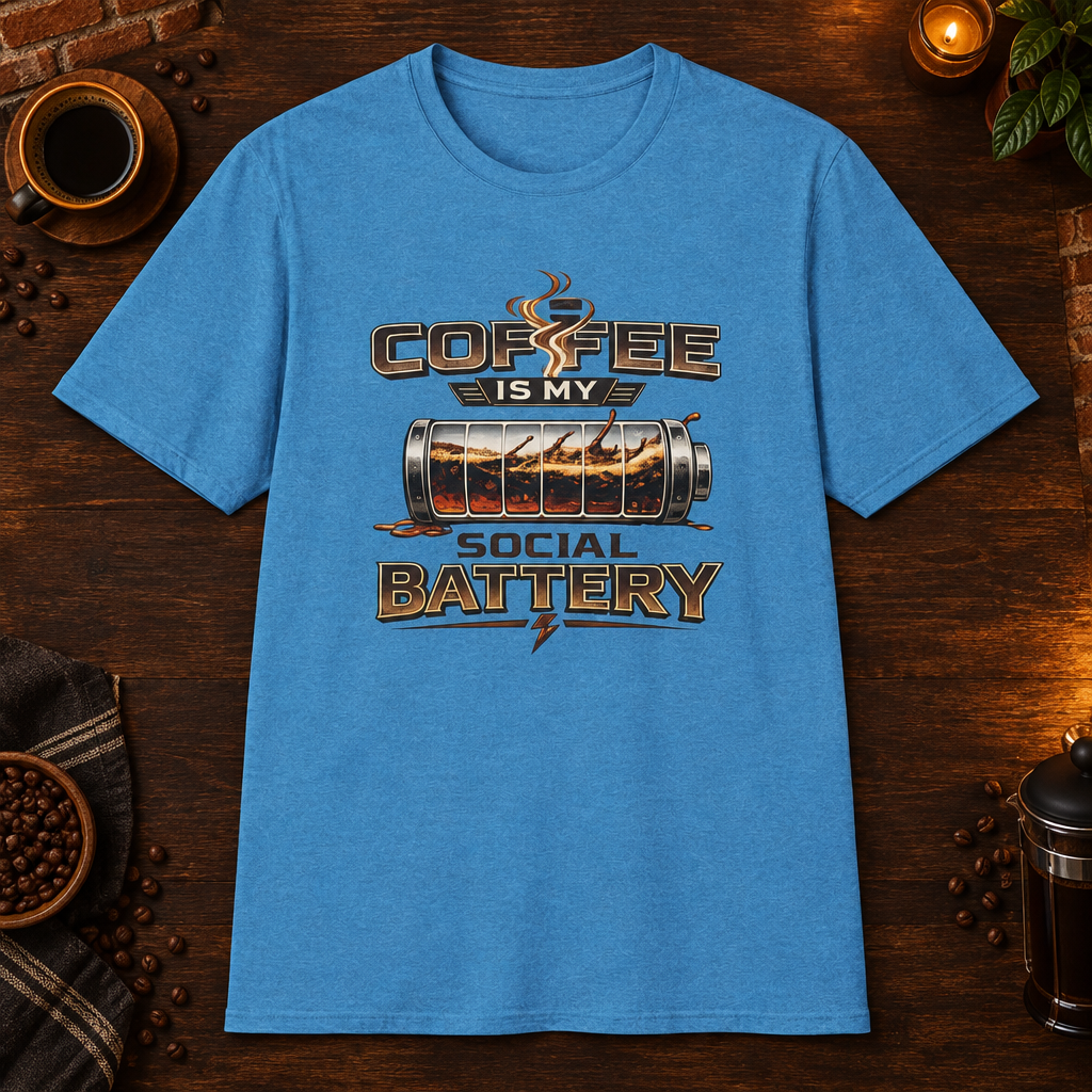 Coffee is My Social Battery T-Shirt in Heather Sapphire, zoomed lifestyle mockup