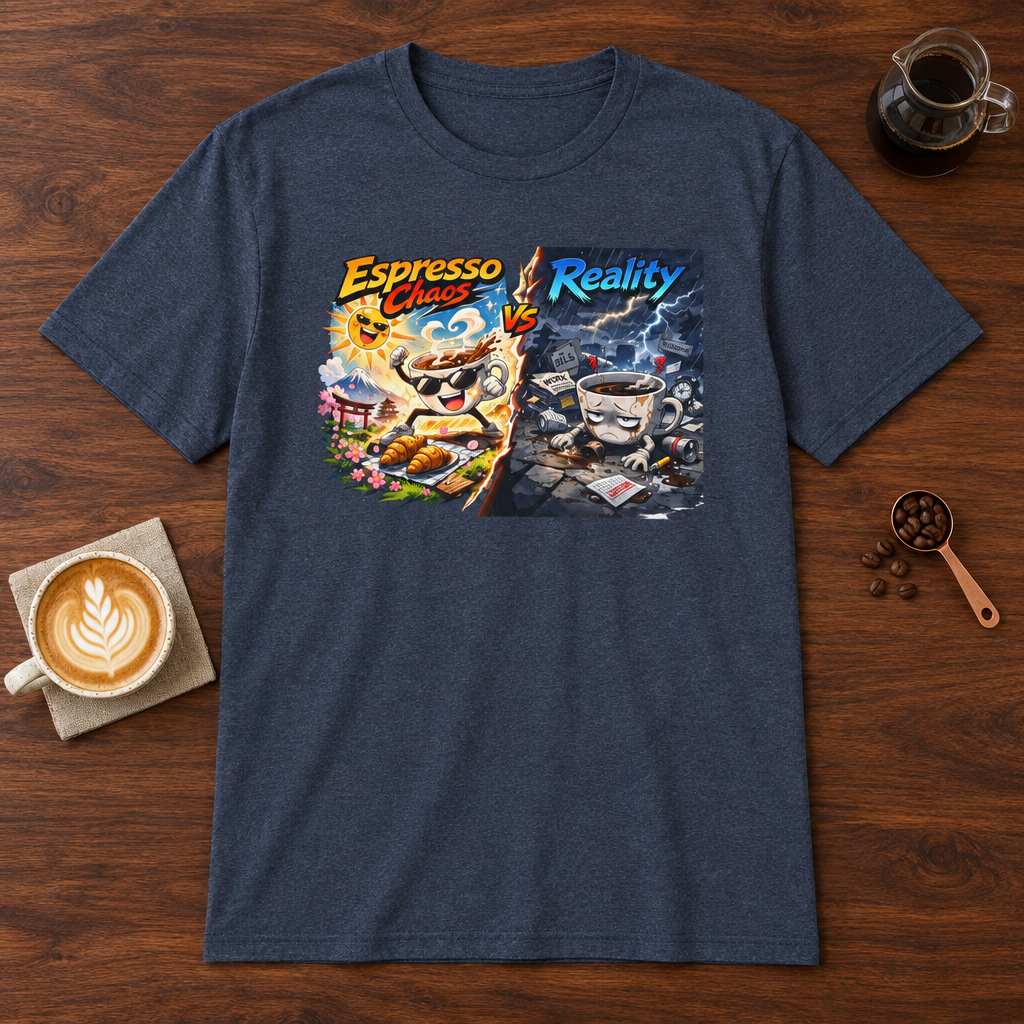 Espresso Chaos vs Reality T-Shirt Heather Navy coffee bar mockup