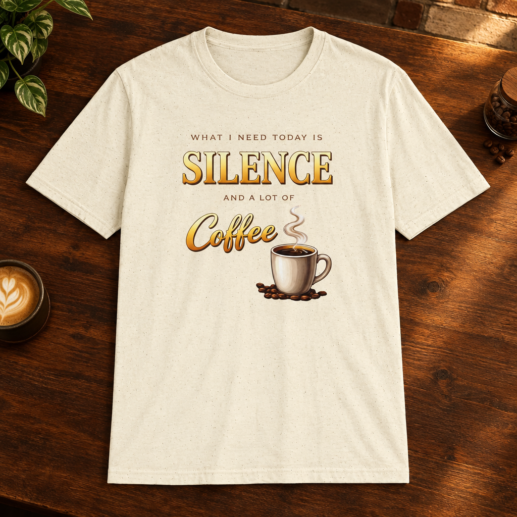 What I Need is Silence T-Shirt Natural close-fill short-sleeve coffee-bar flat lay
