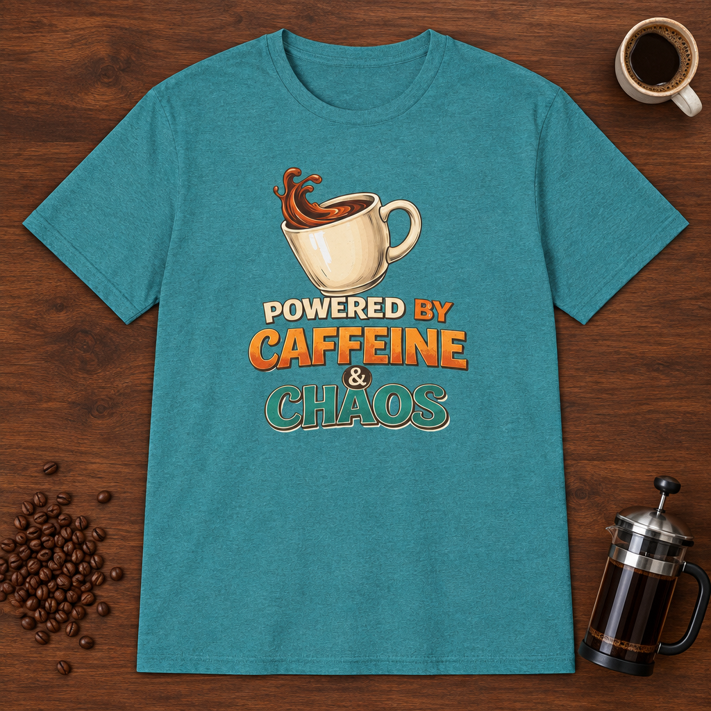 Powered by Caffeine and Chaos T-Shirt Heather Galapagos Blue coffee-bar flat lay