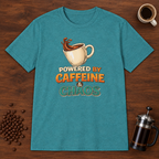 Powered by Caffeine and Chaos T-Shirt Heather Galapagos Blue coffee-bar flat lay