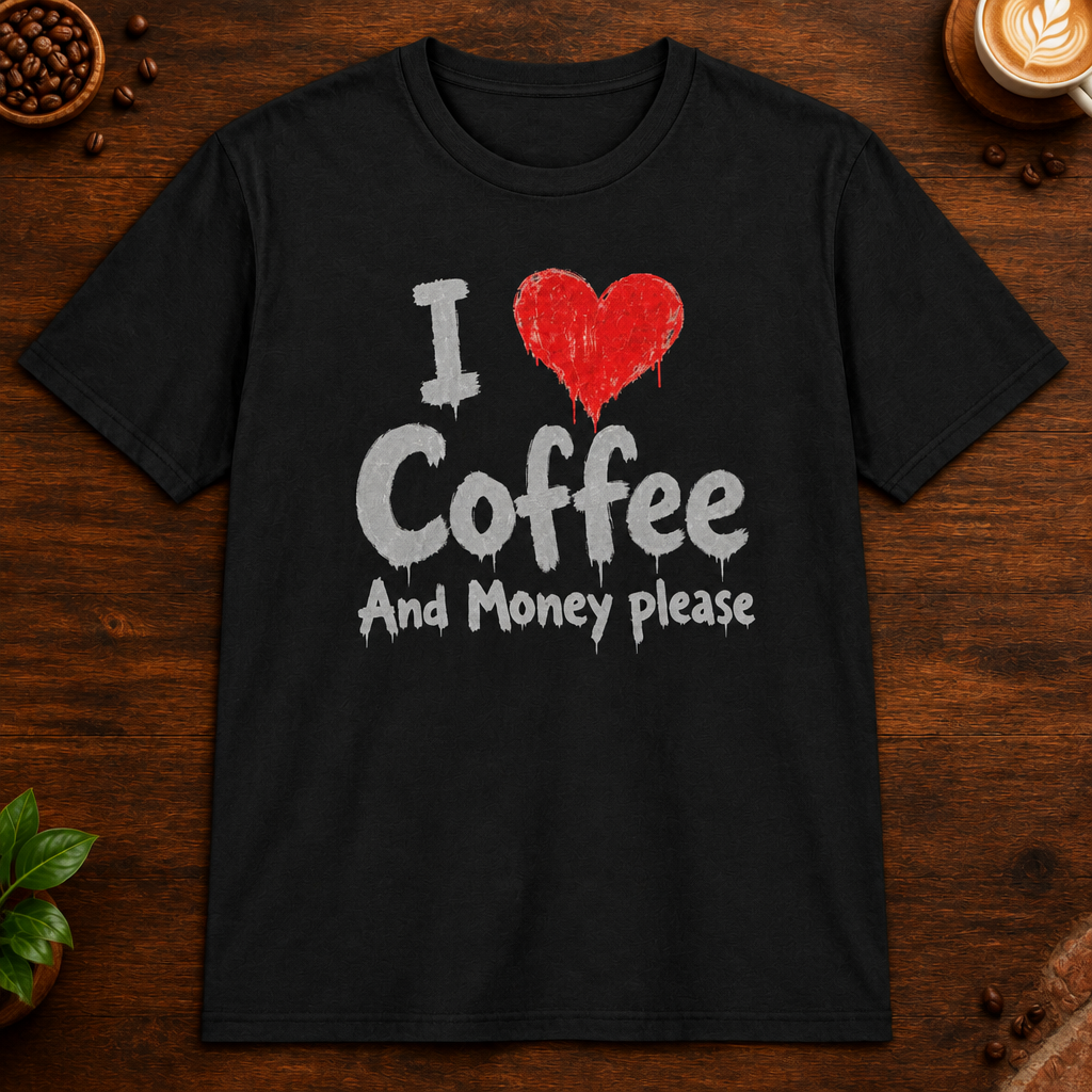 I Love Coffee T-Shirt in Black on a dark wood coffee bar