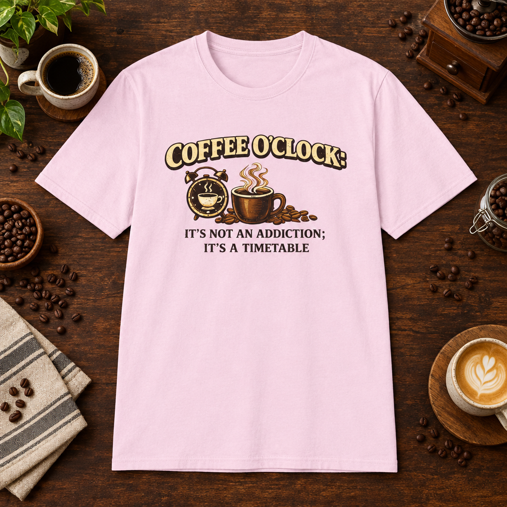 Coffee O'Clock T-Shirt Light Pink short-sleeve coffee-bar flat lay