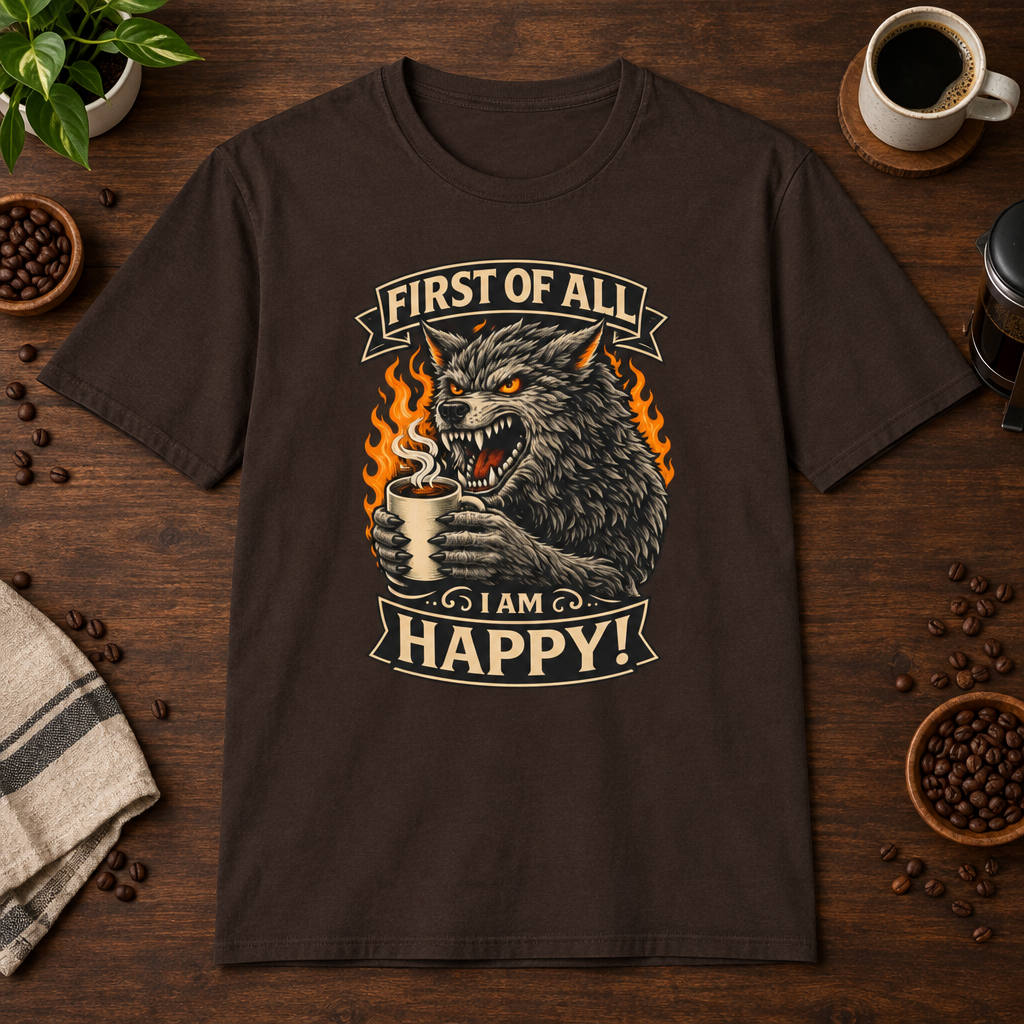 First Of All T-Shirt Dark Chocolate coffee-bar flat lay