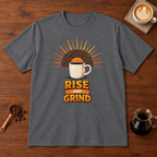 Rise and Grind T-Shirt Graphite Heather flat lay on walnut coffee bar