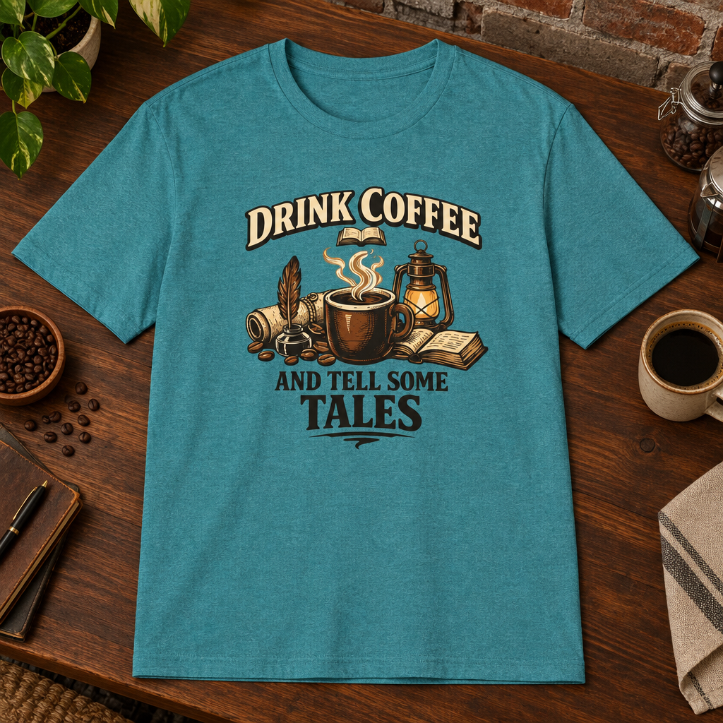 Tell Tales T-Shirt Heather Galapagos Blue close-fill short-sleeve coffee-bar flat lay