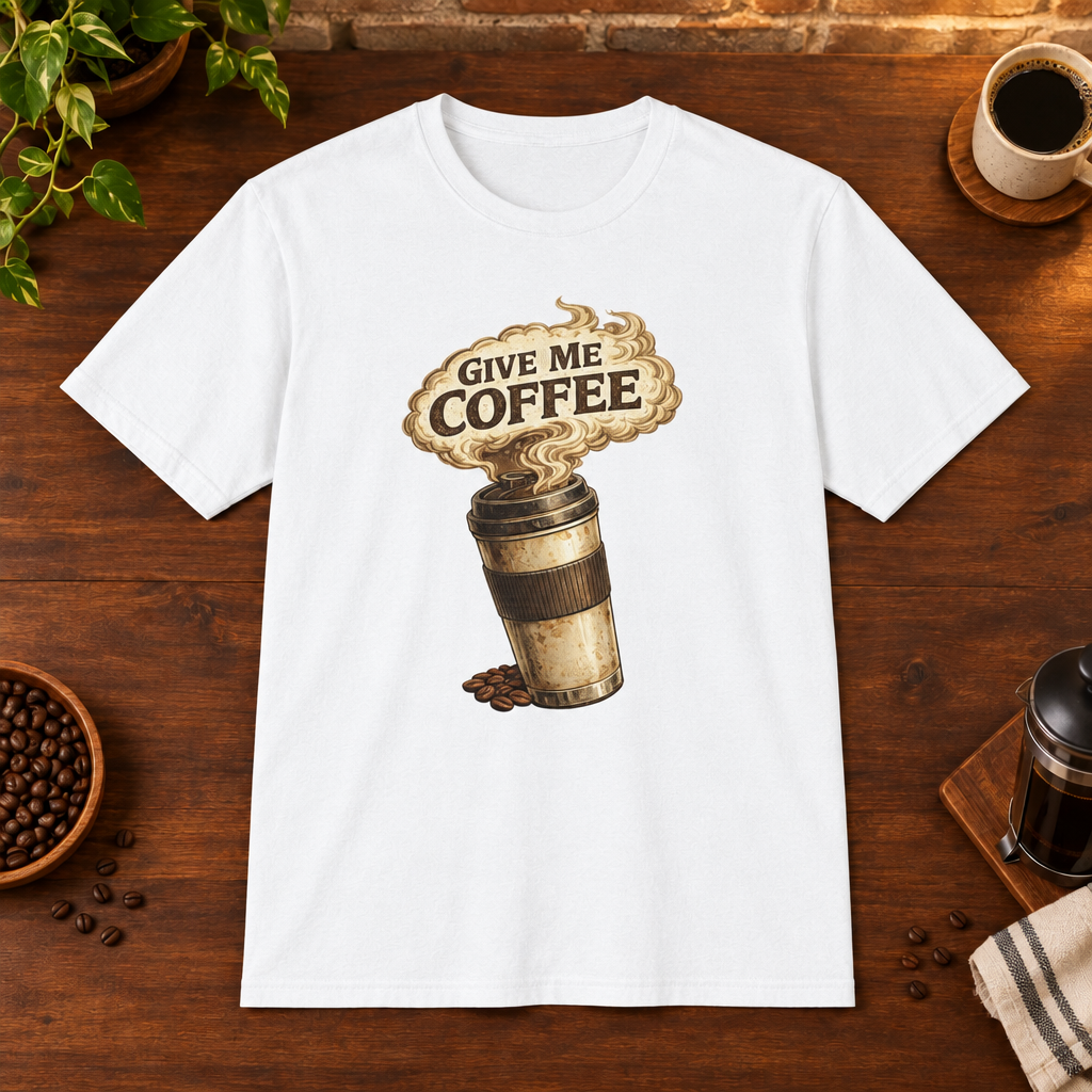 Give Me Coffee T-Shirt White coffee-bar flat lay, consistent framing