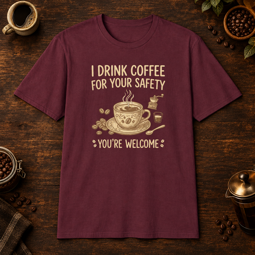 I Drink Coffee for Your Safety T-Shirt in Maroon, overhead coffee-bar flat-lay mockup