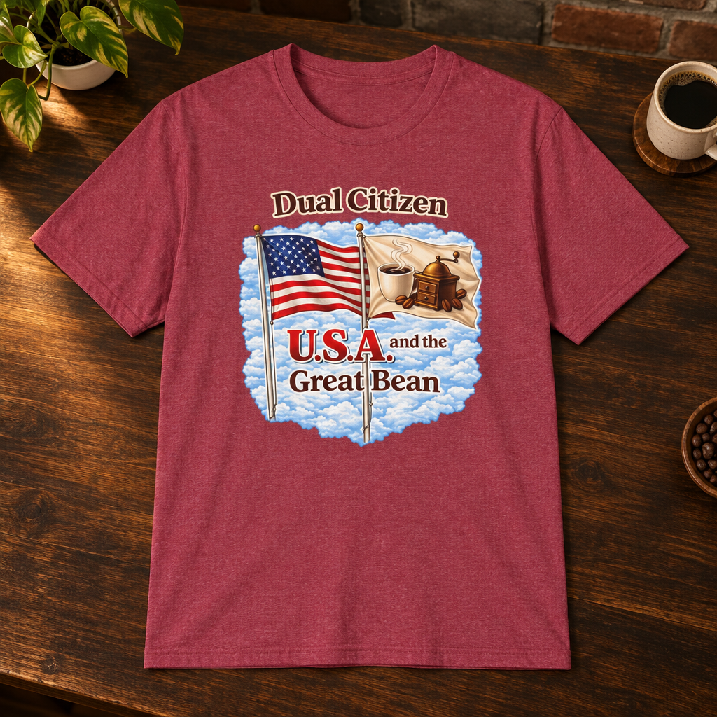 Dual Citizen T-Shirt Heather Cardinal close-fill short-sleeve coffee-bar flat lay