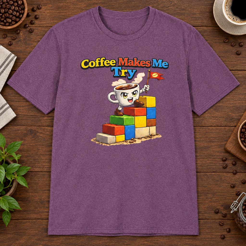 Coffee Makes Me Try 2 T-Shirt in Black, zoomed lifestyle mockup