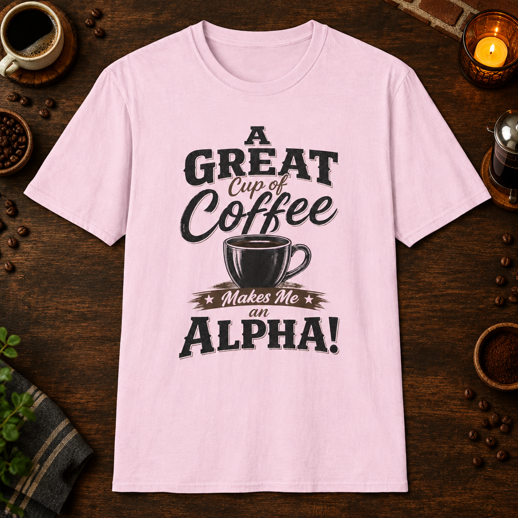 A Great Cup of Coffee T-Shirt in Light Pink, overhead coffee-bar flat-lay mockup