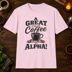 A Great Cup of Coffee T-Shirt in Light Pink, overhead coffee-bar flat-lay mockup