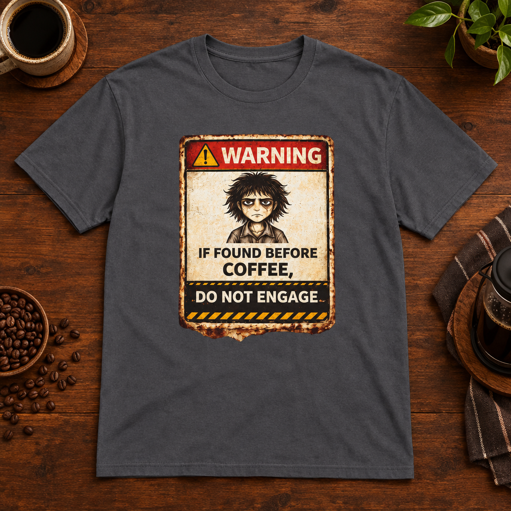 Warning T-Shirt Charcoal short-sleeve coffee-bar flat lay