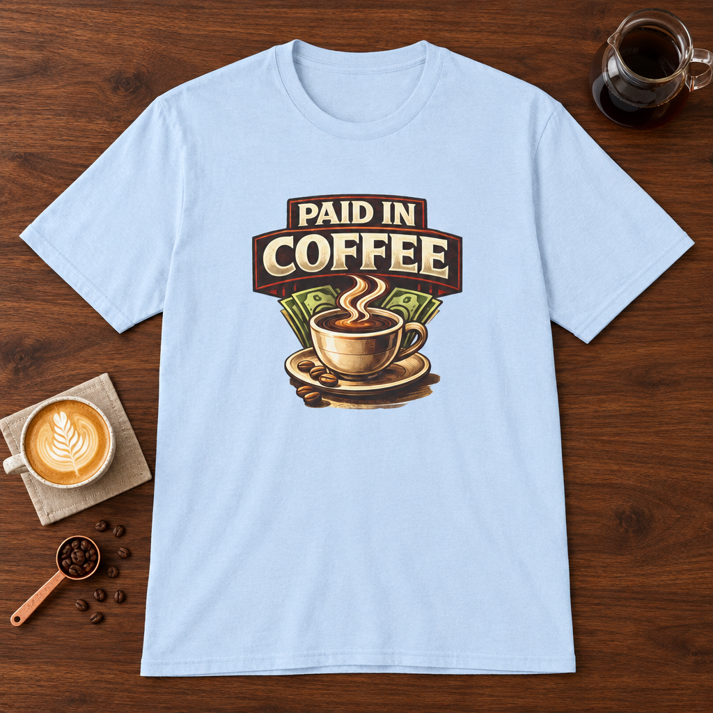 Paid in Coffee T-Shirt Light Blue coffee bar mockup