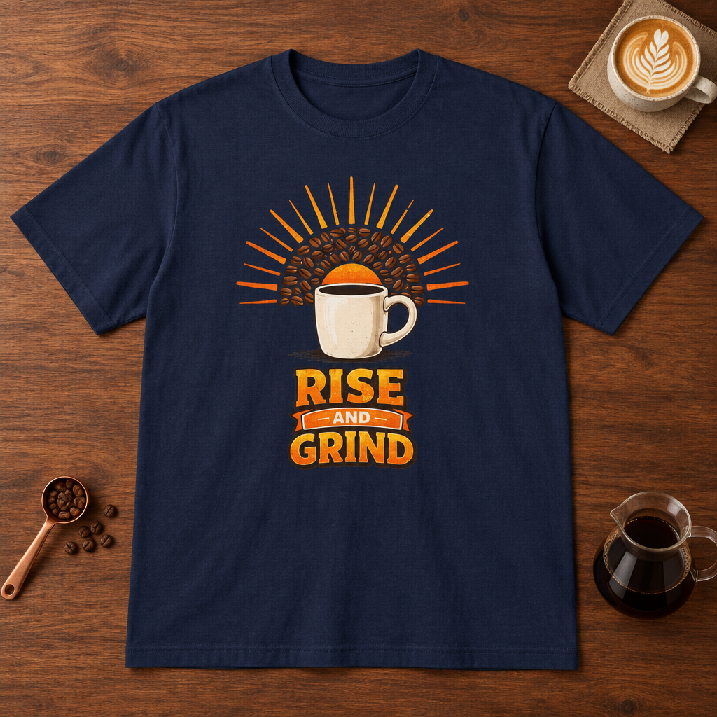 Rise and Grind T-Shirt Navy flat lay on walnut coffee bar