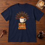 Rise and Grind T-Shirt Navy flat lay on walnut coffee bar