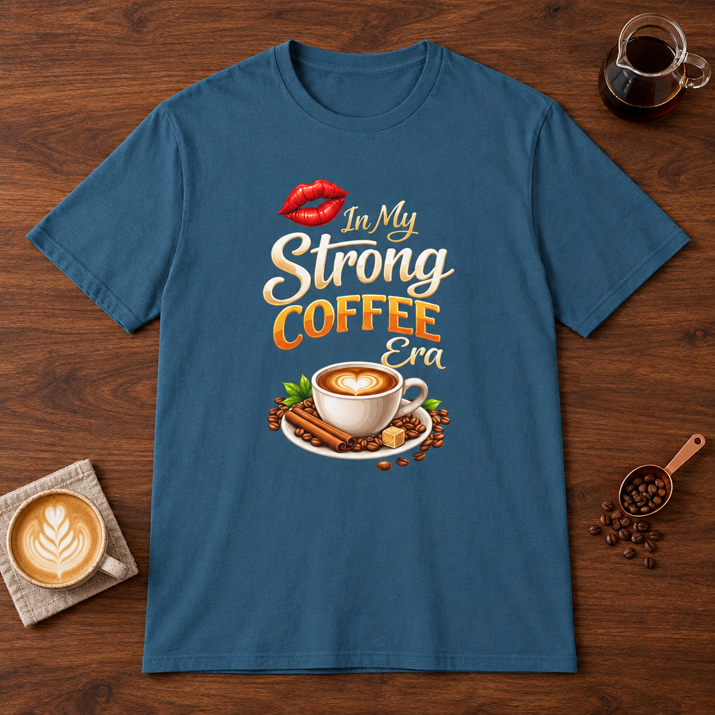 Strong Coffee Era T-Shirt Indigo Blue coffee bar mockup