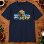 Chaos Managed by Coffee 2 T-Shirt in Heather Indigo, zoomed lifestyle mockup