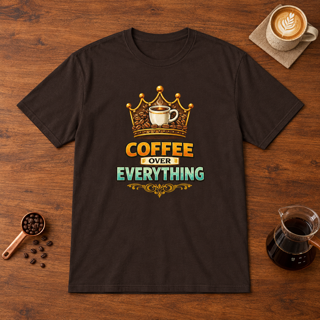 Coffee Over Everything T-Shirt Dark Chocolate flat lay on walnut coffee bar