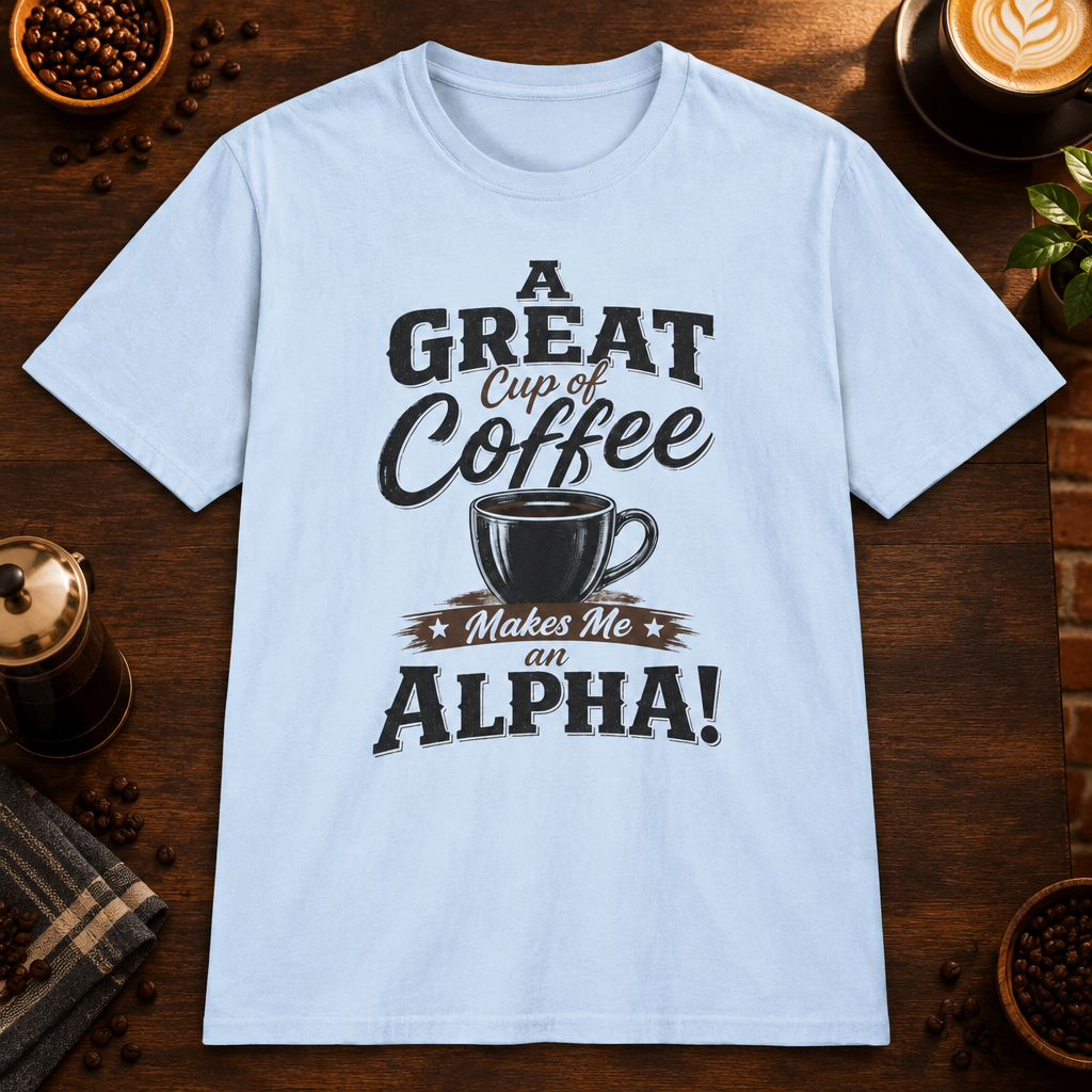 A Great Cup of Coffee T-Shirt in Light Blue, overhead coffee-bar flat-lay mockup