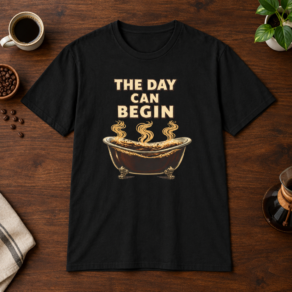 The Day Can Begin T-Shirt Black coffee-bar flat lay